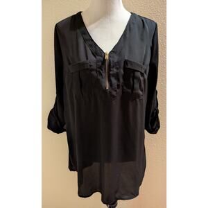 Rue 21 Black Sheer Blouse Gold Zip Front Roll Tab Sleeve Top Size Large
